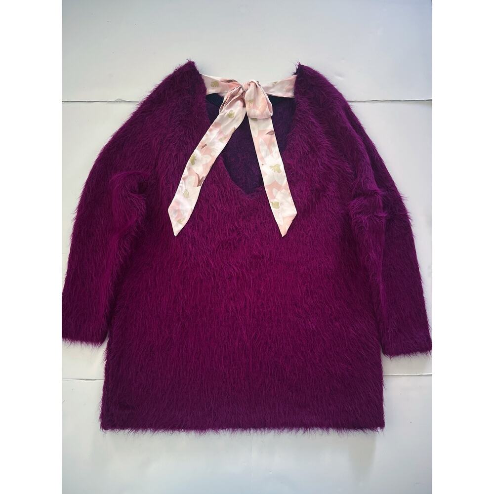 Free People Bon Bon Sweater Dress Women SP Purple Magenta Fuzzy Alpaca Bow Mini